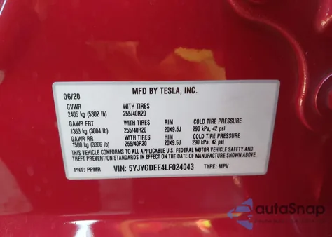 2020 Tesla Model Y Long Range Dual Motor All-Wheel Drive z USA, uszkodzony, nr VIN 5YJYGDEE4LF024043
